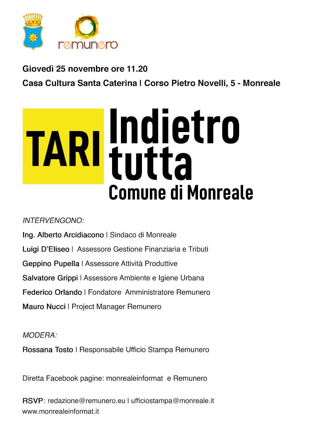 CON REMUNERO, IL COMUNE DI MONREALE RESTITUISCE IL 100% DELLA TARI AI CITTADINI E ALLE IMPRESE  