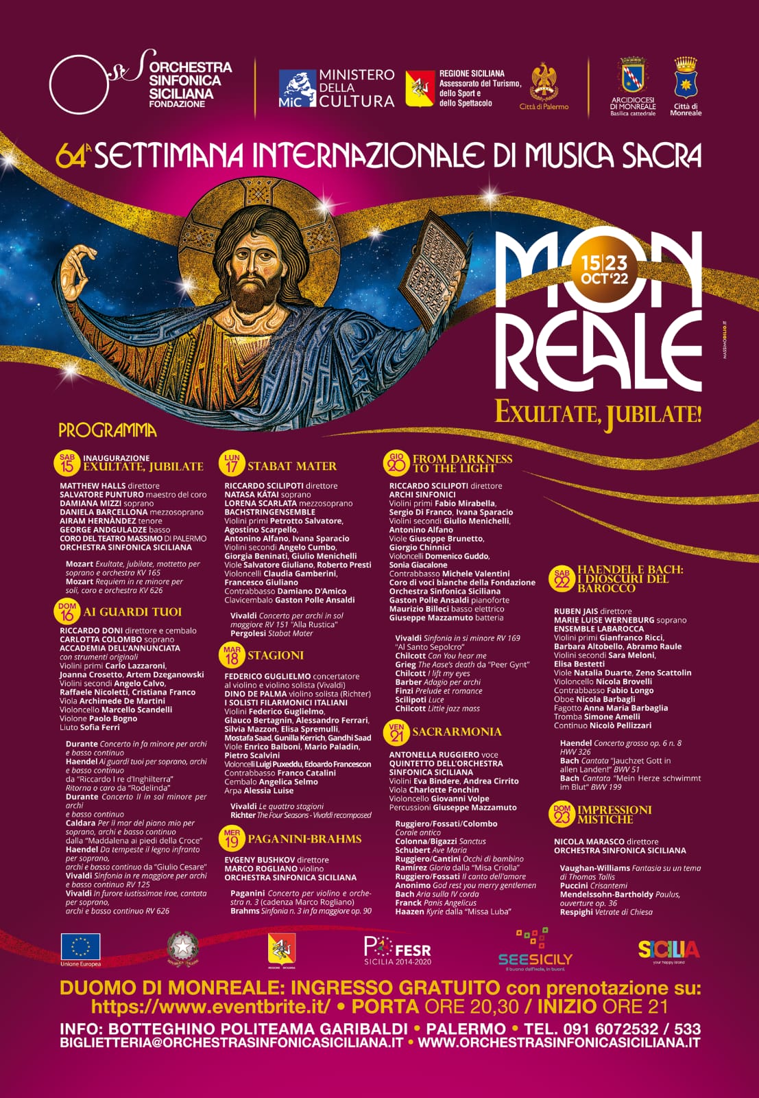 “EXULTATE, JUBILATE!” AL VIA LA 64^  SETTIMANA INTERNAZIONALE DI MUSICA SACRA DI MONREALE