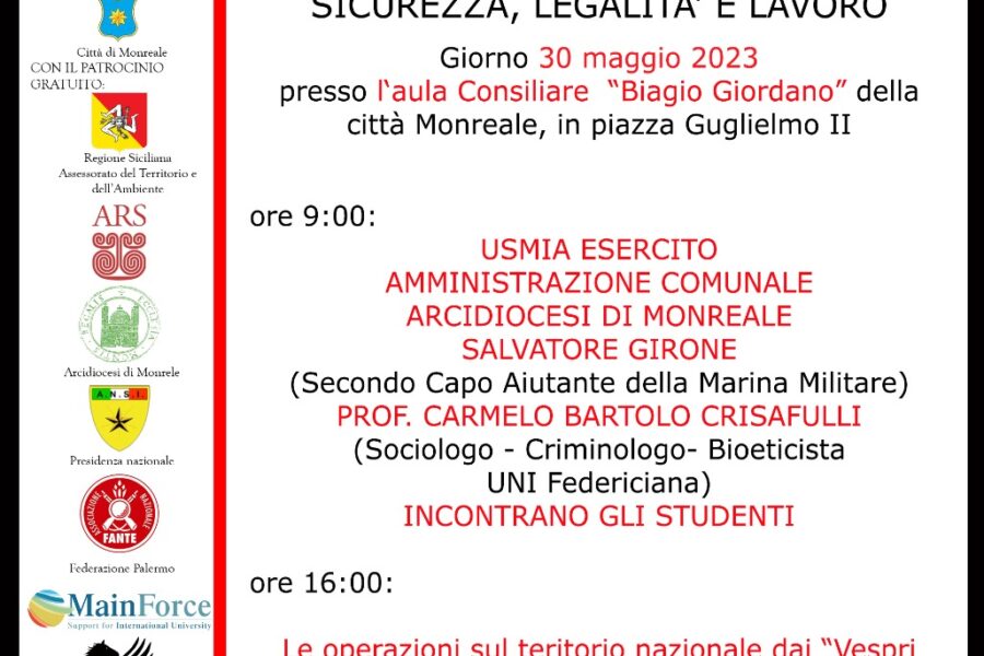 Forze Armate, a Monreale la manifestazione “Le vie della legalità – tante strade per un solo valore”, organizzata dalla segreteria regionale dell’Usmia Esercito Sicilia.
