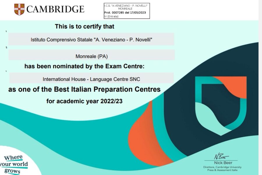 La Scuola “Veneziano-Novelli” ottiene il riconoscimento dalla Cambridge University