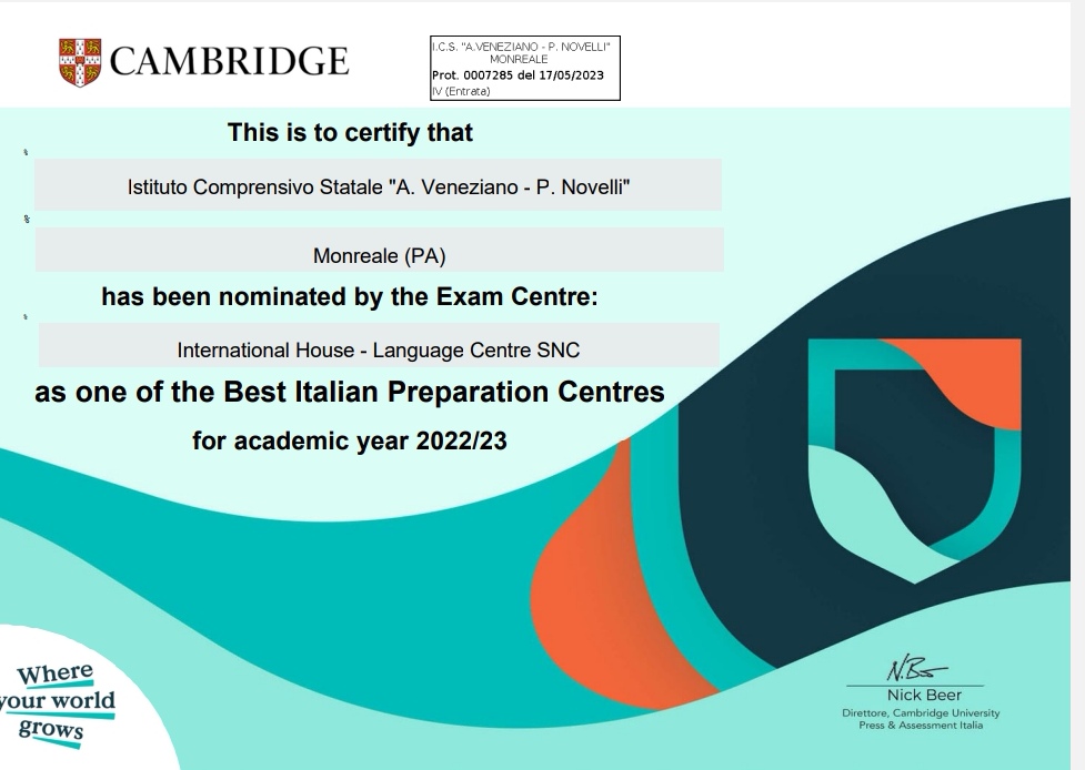 La Scuola “Veneziano-Novelli” ottiene il riconoscimento dalla Cambridge University