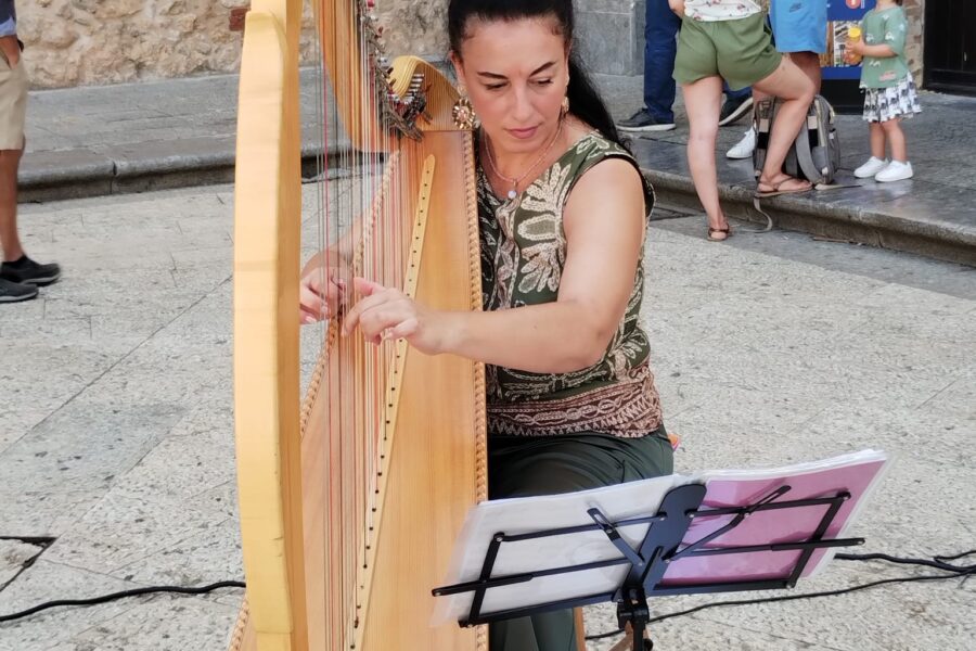 Le note dell’arpista Romina Copernico incantano i turisti davanti al Chiostro e al Duomo di Monreale
