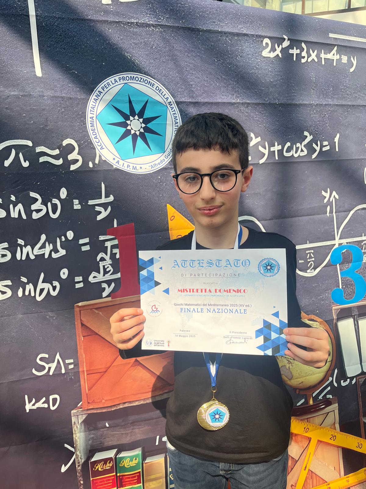 Successo di Domenico Mistretta alle Finali Nazionali dei Giochi Matematici del Mediterraneo