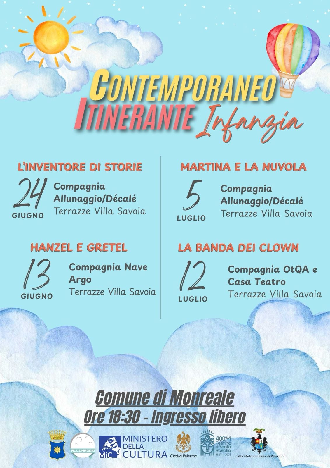 L’Estate a Monreale si apre con la Rassegna “Contemporaneo Itinerante – Infanzia”: Teatro per i Più Piccini a Villa Savoia