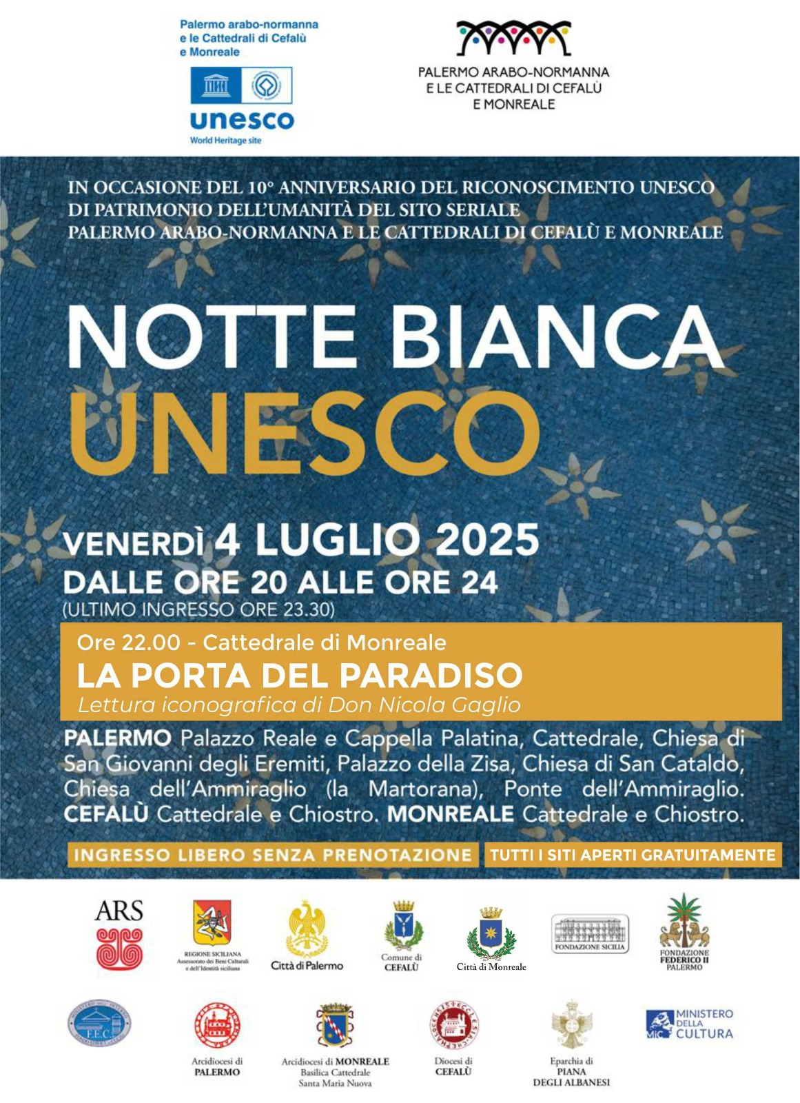 Notte Bianca UNESCO 2025: A Monreale siti monumentali aperti e lettura iconografica della Porta del Paradiso